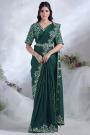 Pre-Draped Designer Bottle Green Satin Silk Hand Embroidered Saree With Belt