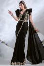 Pre-Draped Designer Black Satin Silk Hand Embroidered Saree With Belt