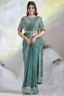 Pre-Draped Designer Teal Crepe Satin Silk Hand Embroidered Saree With Belt