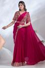 Pre-Draped Designer Magenta Pink Satin Silk Embroidered Saree With Belt