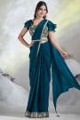 Pre-Draped Designer Prussian Blue Satin Silk Embroidered Saree With Belt