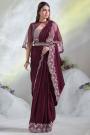 Pre-Draped Designer Plum Crepe Satin Silk Embroidered Saree With Cape & Belt