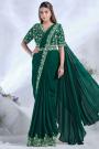 Pre-Draped Designer Dark Green Crepe Satin Silk Embroidered Saree With Belt