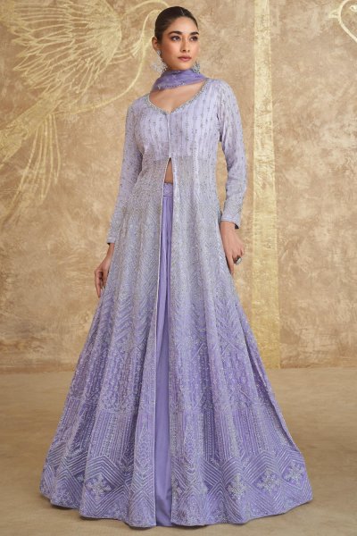 Stunning Lilac Ombre Georgette Embroidered Anarkali Dress With Skirt