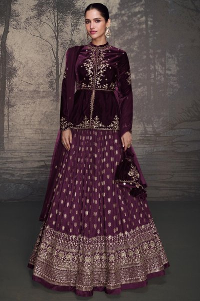 Plum Embroidered Velvet Top & Silk Lehenga Set