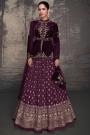 Plum Embroidered Velvet Top & Silk Lehenga Set