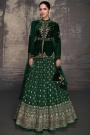 Dark Green Embroidered Velvet Top & Silk Lehenga Set