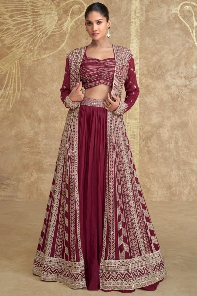 Maroon Chinon Silk Embroidered Indowestern Top & Skirt Set With Jacket