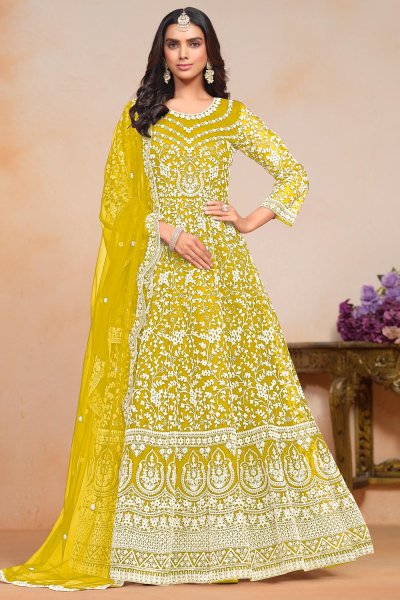 Yellow Net Embroidered Anarkali Suit