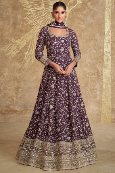 Plum Georgette Embroidered Anarkali Dress With Dupatta