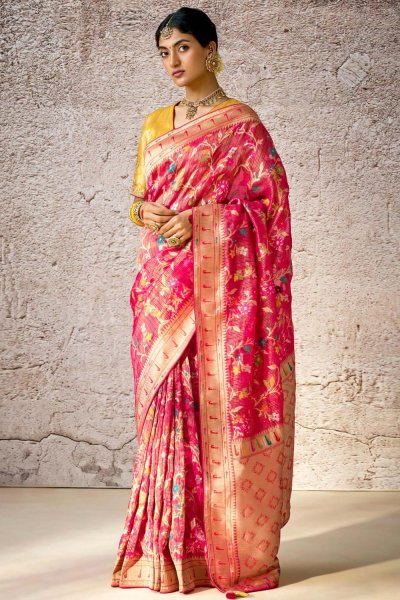 Coral Pink Zari Woven Banarasi Silk Saree