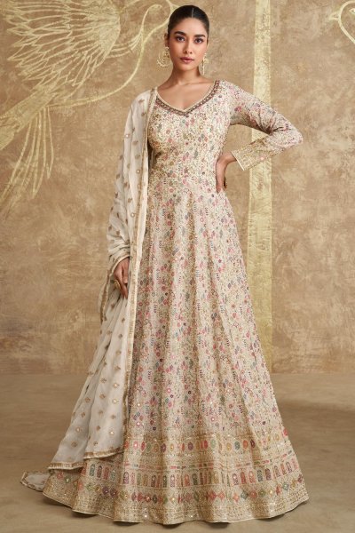 Ivory Georgette Embroidered Anarkali Dress With Dupatta