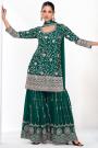 Bottle Green Chinon Silk Embroidered Sharara Kurta Set