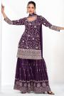 Plum Purple Chinon Silk Embroidered Sharara Kurta Set