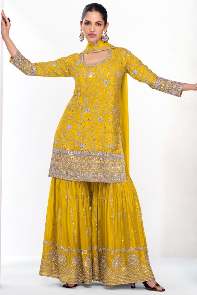 Mustard Chinon Silk Embroidered Sharara Kurta Set