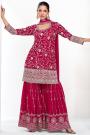 Pink Red Chinon Silk Embroidered Sharara Kurta Set