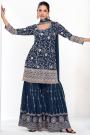 Navy Blue Chinon Silk Embroidered Sharara Kurta Set