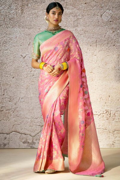 Flamingo Pink Zari Woven Banarasi Silk Saree