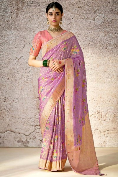 Lilac Zari Woven Banarasi Silk Saree