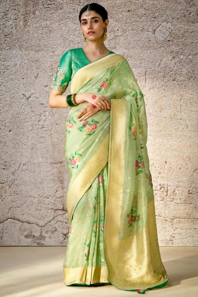 Pista Green Zari Woven Banarasi Silk saree