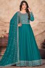 Teal Blue Silk Embroidered Anarkali Dress With Dupatta