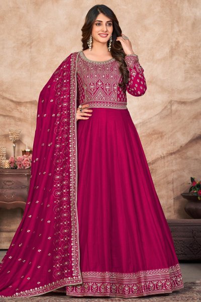 Deep Pink Silk Embroidered Anarkali Dress With Dupatta