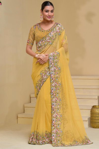 Mustard Designer Embroidered Tuscany Banarasi Silk Saree