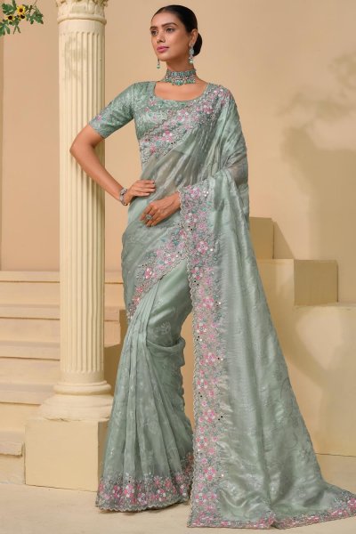 Mint Grey Designer Embroidered Luxurious Saree