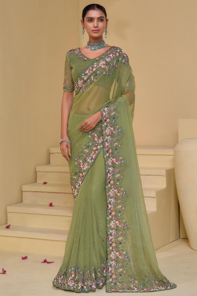 Fern Green Designer Embroidered Tuscany Banarasi Silk Saree