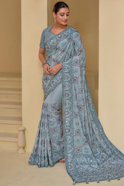 Blue Grey Designer Embroidered Tuscany Banarasi Silk Saree