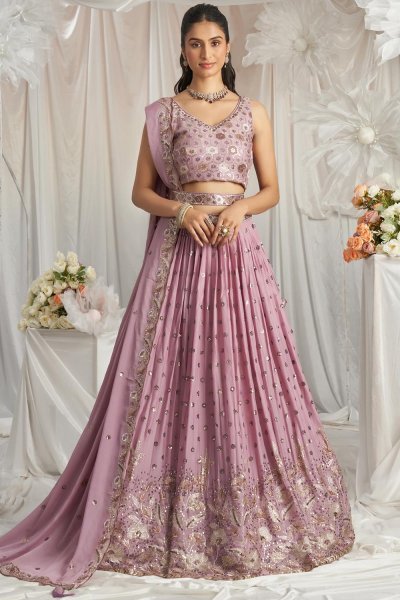 Mauve Georgette Embroidered Lehenga Set With Belt