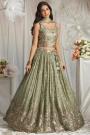 Olive Green Georgette Embroidered Lehenga Set With Belt