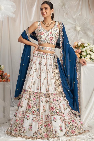 White Georgette Embroidered Lehenga Set With Belt