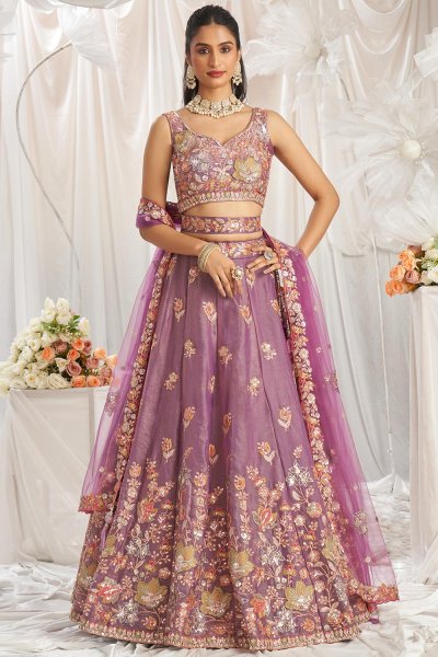 Pink Purple Organza Silk Embroidered Lehenga Set With Belt