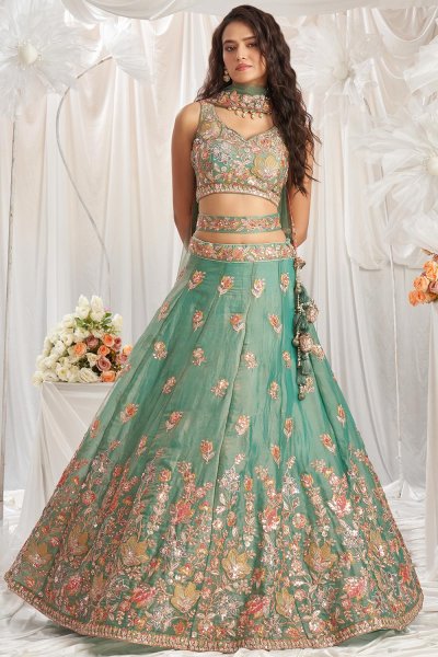 Sea Green Organza Silk Embroidered Lehenga Set With Belt