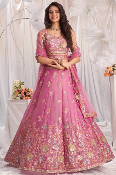 Pink Organza Silk Embroidered Lehenga Set With Belt