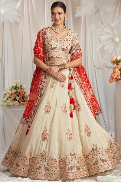 Ivory & Red Tissue Silk Embroidered Lehenga Set With Belt