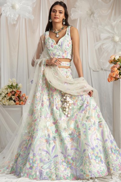 Pearl White Net Embroidered Lehenga Set With Belt