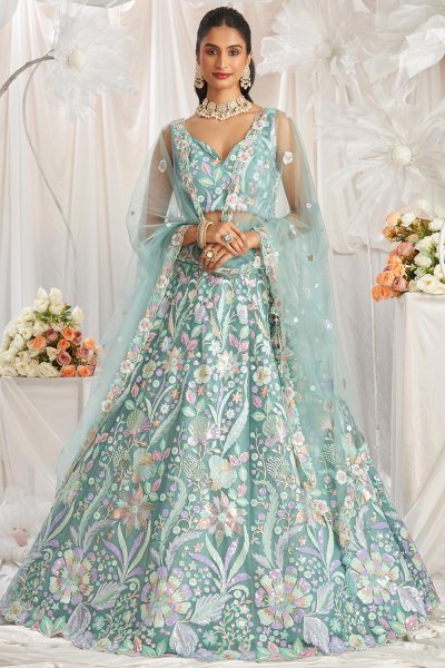 Sea Green Net Embroidered Lehenga Set With Belt