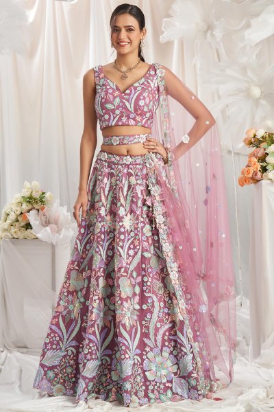 Blush Pink Net Embroidered Lehenga Set With Belt