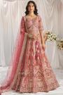 Peach Coral Tissue Silk Embroidered Lehenga Set With Belt