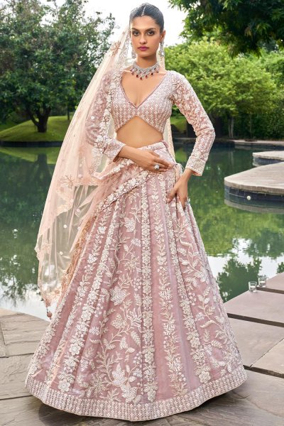 Peach Pink Organza Silk Embroidered Lehenga Set