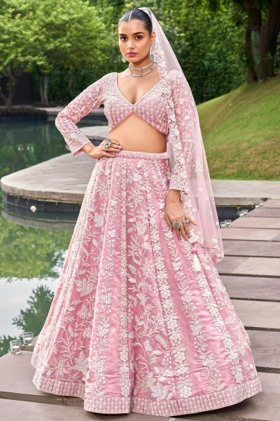 Light Pink Organza Silk Embroidered Lehenga Set