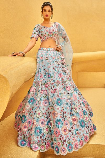 Soft Blue Organza Silk Embroidered Lehenga Set