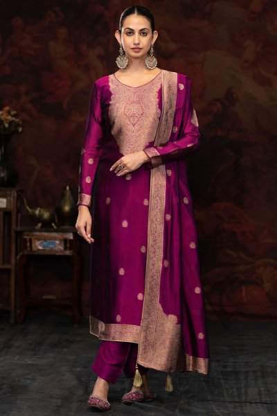 Plum Purple Silk Zari Jacquard Kurta Set