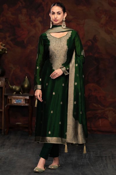 Bottle Green Silk Zari Jacquard Kurta Set