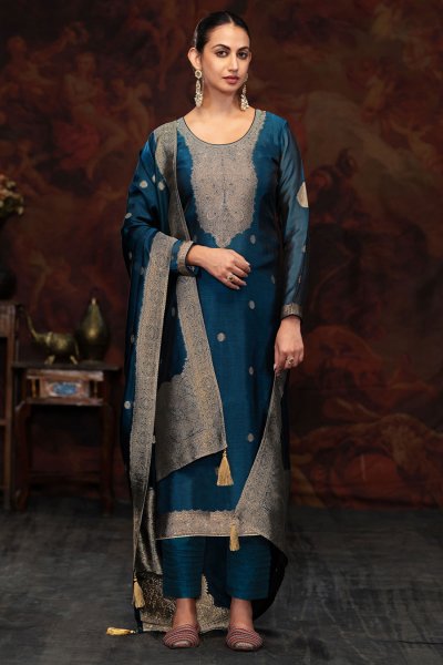 Prussian Blue Silk Zari Jacquard Kurta Set