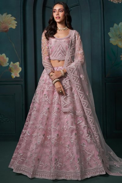 Soft Pink Net Embroidered Lehenga Set