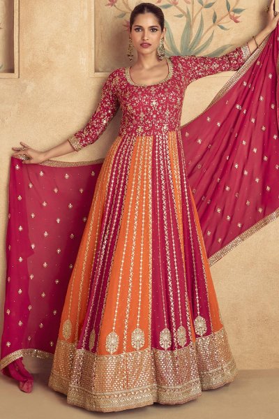 Red & Orange Georgette Embroidered Anarkali Dress With Dupatta