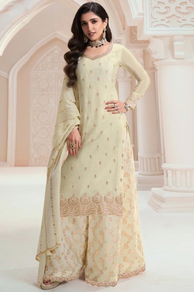 Ivory Chinon Silk Embroidered Sharara Kurta Set